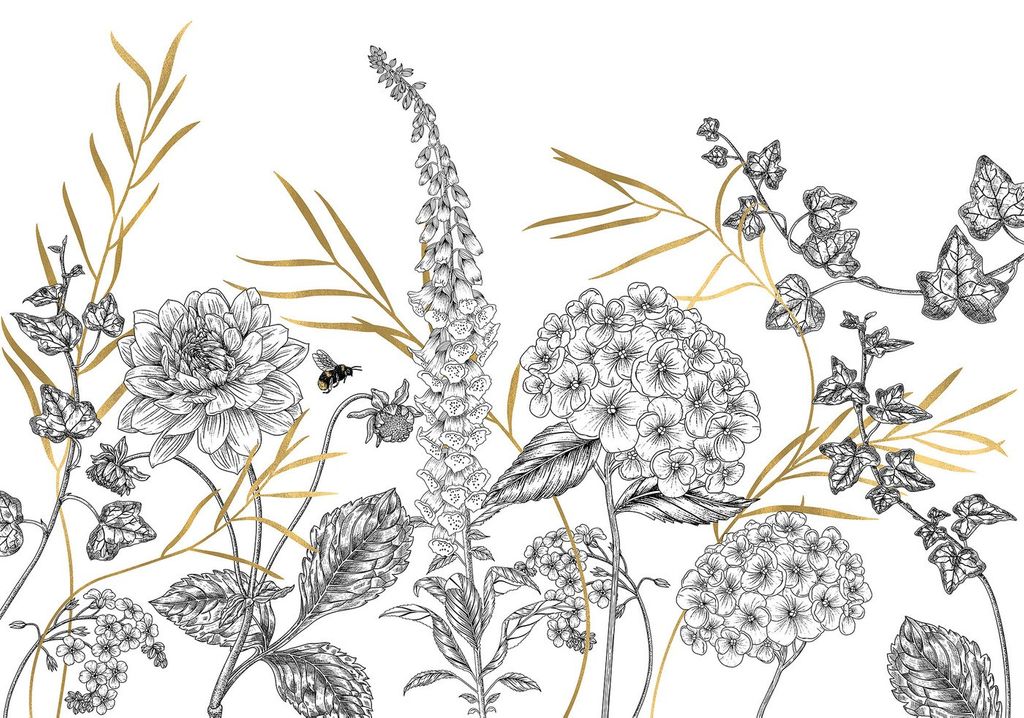 Nyári virágokat ábrázoló tapéta, méhecskével, 400x280 cm, fekte-fehér - PRAIRIE - Butopêa